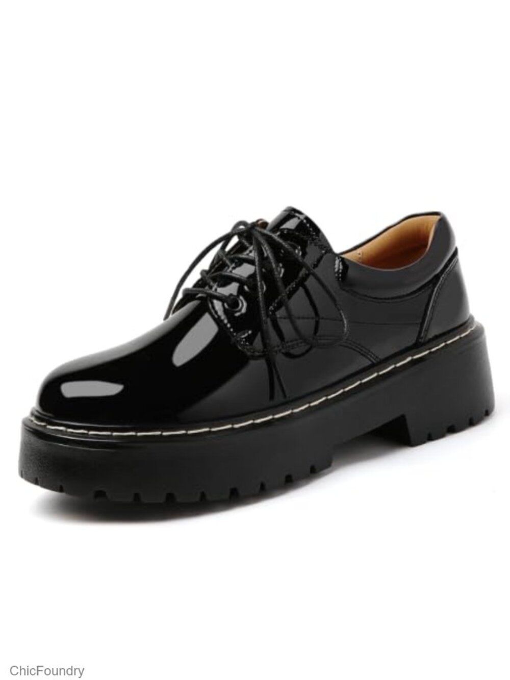 Women's Leather Platform Oxford Shoes Chunky Heel Lace Up Round Toe